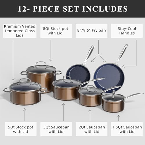 Healthy Duralon Blue Ceramic Nonstick Cookware Set (Metallic Mocha Brown / 12pc Cookware Set / Cookware Set)