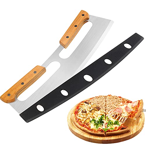 Pizza Cutter Rocker with Wooden Handles & Protective Cover by ZOCY