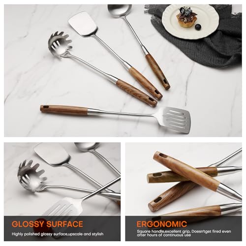 10 Pcs Cooking Utensils Set 304 Stainlss Steel Kitchen Utensils Set Heat Resistant Wooden Handle Kitchen Tools Metal Kitchen Utensil Soup Ladle Set (Wooden Handle-10 Pcs)