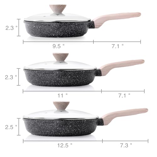 Nonstick Frying Pan Skillet Set with Lid (Classic Granite / 9.5+11+12.5 Inch w/ Lid)