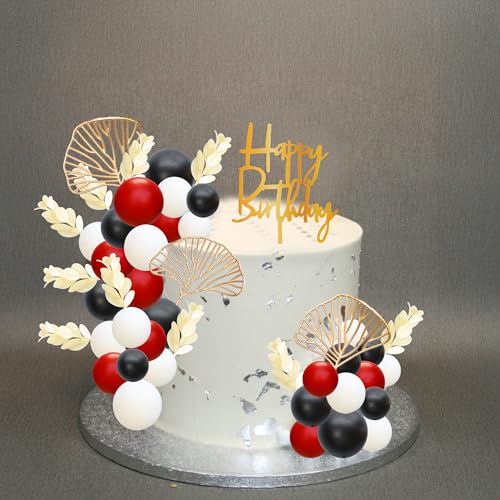 57Pcs Balls Cake Topper Boho Grass Cake topper Pearl Balls Acrylic Happy Birthday Cake Decorations for Wedding Baby Shower Birthday Boho Themed Party Supplies Black Red White (Black Red White)