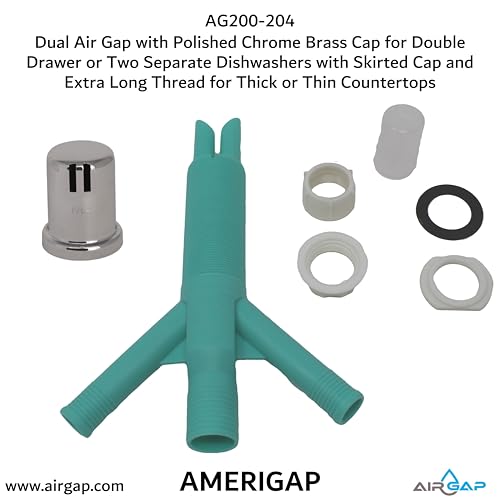 Dual Air Gap with Polished Chrome Brass Cap for Double Drawer or Two Separate Dishwashers with Skirted Cap and Extra Long Thread for Thick or Thin Countertops (AG200-204)
