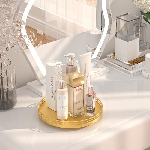 10 Inch Oak Lazy Susan Vanity Tray with Gold Metal Rail (Golden / 10)
