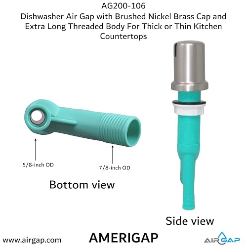 Dishwasher Air Gap with Skirted Brushed Nickel Brass Cap and Extra Long Threaded Body for Thick or Thin Kitchen Countertops (AG200-106)