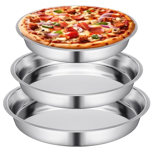 3 Pcs 16 14 10 Inch Large Deep Pizza Pans Stainless Steel Pizza Tray Round Oven Tray Rust Proof Reusable Bakeware Cooking Pan Dishwasher Safe for Baking (3 Count)