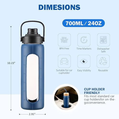 24 oz Glass Water Bottle with Straw and 2 Lids (Navy Blue / 24 Ounces)