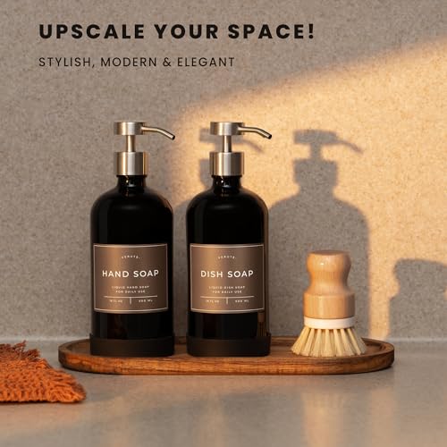 Hand and Dish Soap Dispenser for Kitchen and Bathroom (Gloss Black Bottle / Brushed Silver Pump)