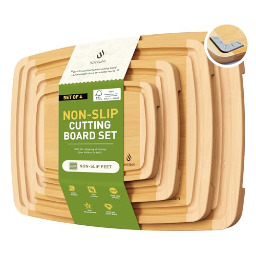Bamboo Cutting Board Set Non Slip Feet Over Sink Men Husband Birthday Christmas Xmas Valentines Father Day Gifts Ideal from Wife Romantic Anniversary Best Cool Gadget Awesome Who Have Everything (4-Piece / Two-Tone Bamboo)