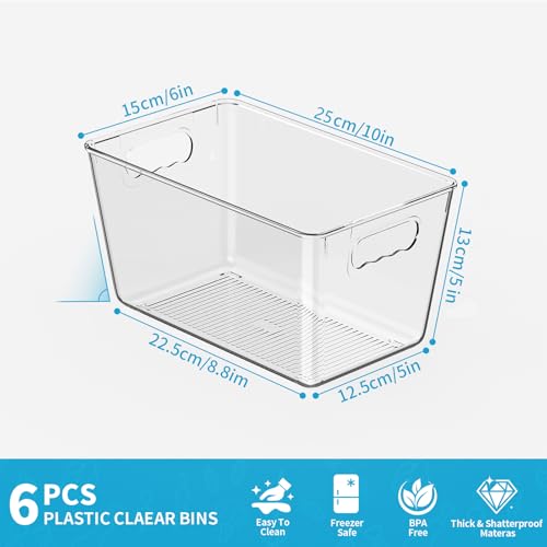Clear Fridge Organizer Bins with Handles (6 Pack / M with Handles (10"L x 6"W x 5"H))
