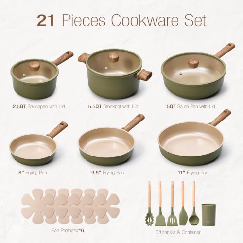 21pcs Ceramic Cookware Set (Green / 21 pieces)