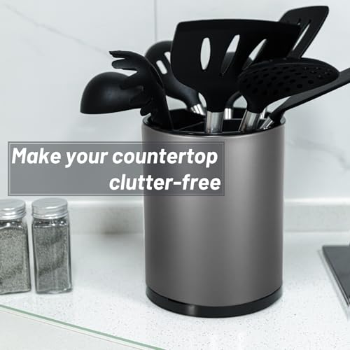 Kitchen Utensil Holder for Countertop 360° Rotating Utensil Caddy Extra Large Utensil Crock Cooking Utensil Holder for Kitchen Counter (Dark Grey)