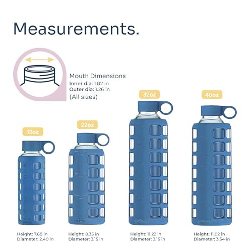 40oz / 32oz / 22oz / 12oz Borosilicate Glass Water Bottle with Time & Volume Markers, Silicone Sleeve, Stainless Steel Lid – Reusable Glass Bottle for Water & Juice (32oz Chinese Porcelain) (Chinese Porcelain (1 Count) / 32 Ounces)