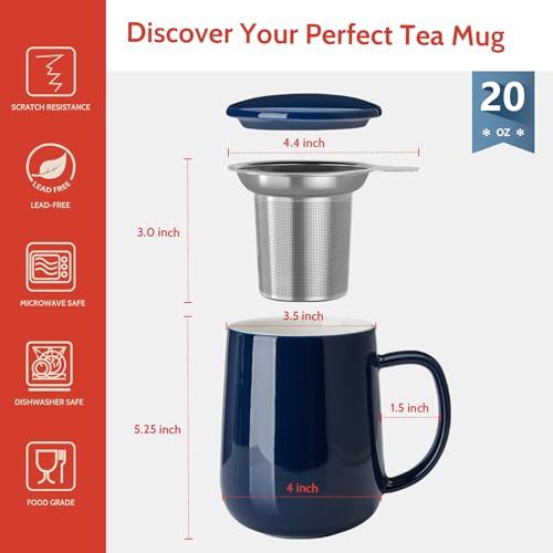 20oz Porcelain Teacup with Infuser and Lid (Dark Blue)