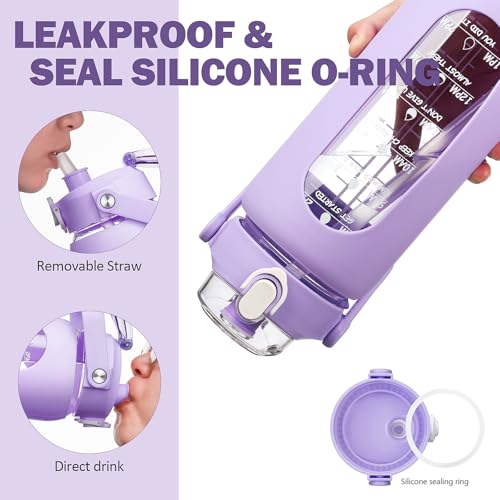 64oz Glass Water Bottles with Straw (Purple / 64 Ounces)