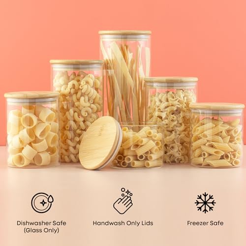 Borosilicate Glass Jars With Bamboo Lids. 6 Pc Set of Air Tight Sealable Containers. Food Jar Canisters with Airtight Lid for Pantry Storage and Kitchen Organization. (6 Count)