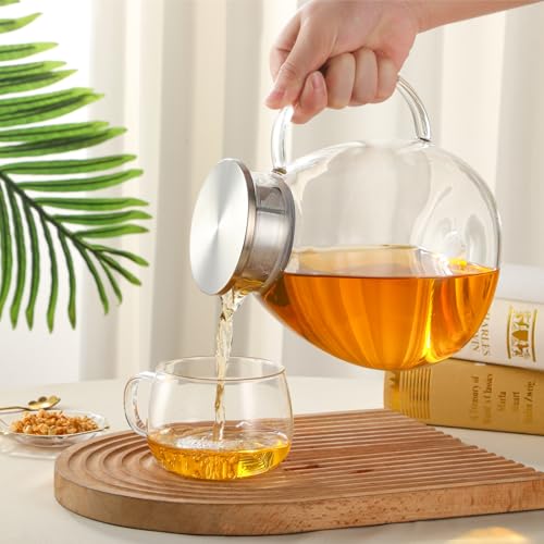 68OZ 2000ML One Touch Glass Teapot with Stainless Steel Filter Lid (68OZ (Round Bottom))