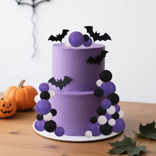 40 pcs Foam Ball Halloween Cake Toppers with Sticks Perfect for Graduation Halloween Cake Decor Birthday Graduation Congrats 2026 Cake Decoration Wednesday Theme Party (40-black White Purple)