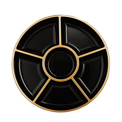 6 Sectional Round Plastic Serving Tray (Black & Gold)