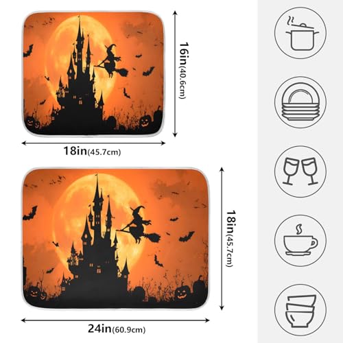 Halloween Witch Bat Castle Pumpkin Dish Drying Mat for Kitchen Counter Absorbent Microfiber Large Drying Pad Dish Mats for Kitchen Countertops 18 x 24 Inch (24" x 18")