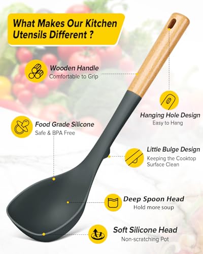 Silicone Soup Ladle and Pasta Spoon Set with Wooden Handle (2 Count)