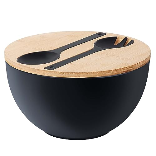 11.3" Extra Large Salad Bowl with Wooden Lid & Servers (11.3 inch / Matte Black)