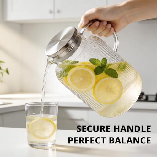 1 Gallon Glass Pitcher with Lid and Handle (Stripes Clear / 128 Ounces)