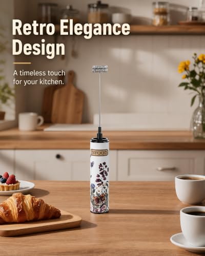 Rechargeable Milk Frother with Cover (White Floral Design)
