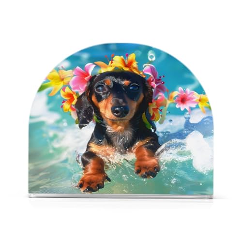 Cute Dachshund Puppy Surfing Napkin Holder for Table Paper Napkins Holder Acrylic Tissue Dispenser Kitchen Dining Room Bathroom Party Car Decor (NH073 / 4.1x4.9x1.97in)