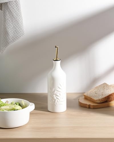 Sweejar Ceramic Olive Oil Dispenser Bottle 20 Oz Relief Opaque Oil Cruet Protects To Reduce Oxidation Suitable for Storage Vinegar (White / 20 oz (Gold Spout), Set of 1)