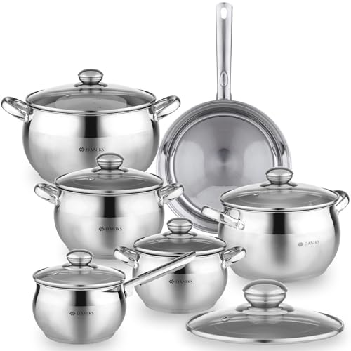 Classic 12 Piece Stainless Steel Cookware Set with Glass Lids (12-pcs Set)