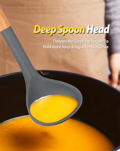 Silicone Soup Ladle and Pasta Spoon Set with Wooden Handle (2 Count)