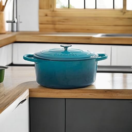 Artisan 5 Quart Round Enameled Cast Iron Dutch Oven (Teal Ombre / 5-Quart)