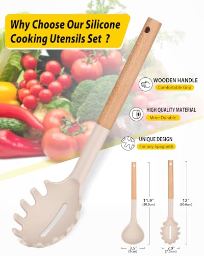 Silicone Soup Ladle and Pasta Spoon Set with Wooden Handle (2 Count)