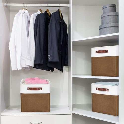 Collapsible Fabric Storage Cubes 11x11 Cube Storage Bins (Brown / Off-White / Cube - 11"x11"x11")