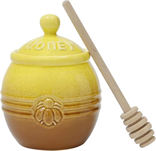 12oz Ceramic Honey Jar with Wooden Dipper Stick (Honey Jar-Yellow)