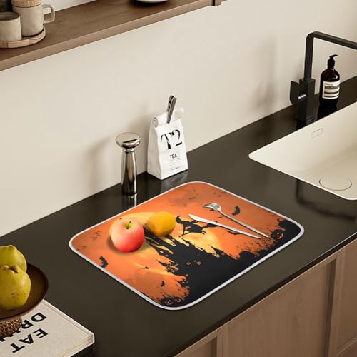 Halloween Witch Bat Castle Pumpkin Dish Drying Mat for Kitchen Counter Absorbent Microfiber Large Drying Pad Dish Mats for Kitchen Countertops 18 x 24 Inch (24" x 18")
