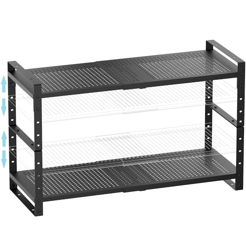 Expandable Shoe Rack Stackable Metal Pantry Storage Shelves Stand Adjustable Height Cabinet Shelf Organizer Racks Spice Shelving (Black / 2PACKS/BLACK/MEDIUM)