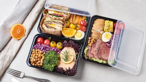 150 Pack Meal Prep Plastic Food Storage Containers With Lids 28 oz 1 Compartment Black Rectangular Reusable To Go Lunch Prepping Boxes BPA (28S-150)