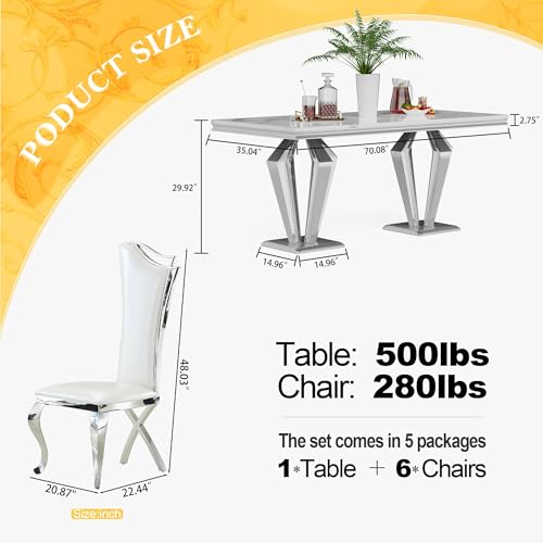 7 Piece Luxury Dining Room Set (Silver White + White / Dining Table + 6 High Back Chairs)