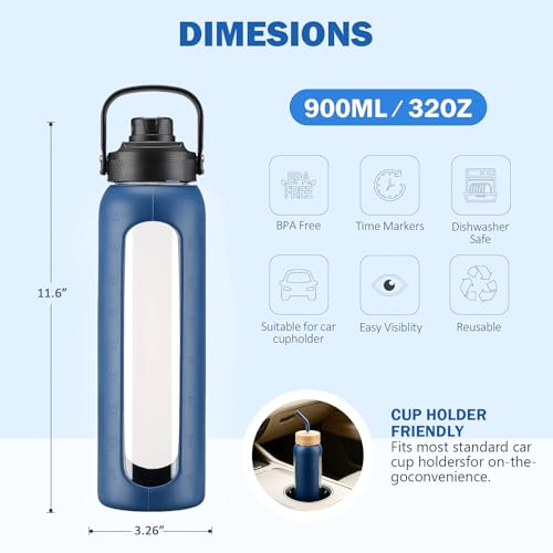 32 oz Glass Water Bottle with Straw and 2 Lids (Navy Blue / 32 Ounces)