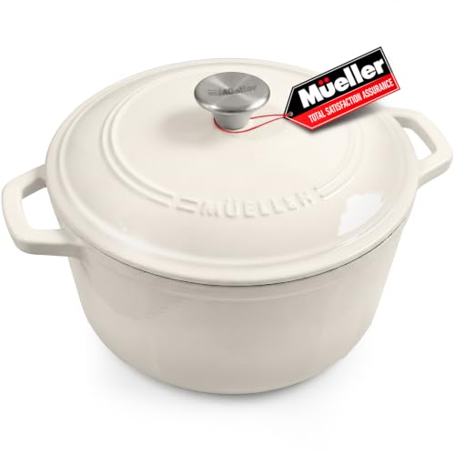 Mueller DuraCast 6QT Enameled Cast Iron Dutch Oven with Lid (6 Quart -Round / Oyster White)