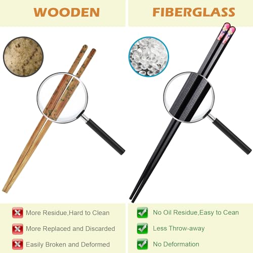 5 Pairs Premium Chopsticks Reusable Dishwasher Safe 9.5 Inch Fiberglass Chop Sticks Gift Set Hexagon Black Non Slip with the Printed Tops (Black with Printed Tops)