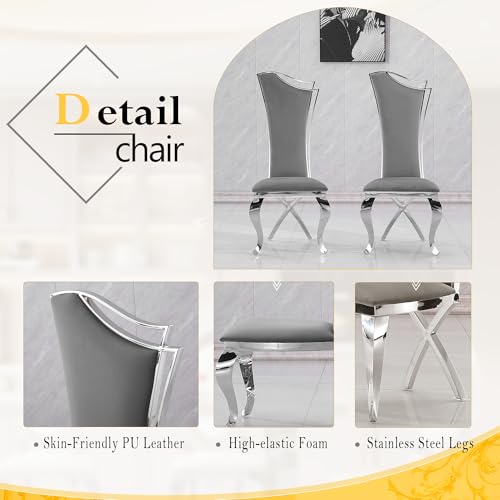 7 Piece Luxury Dining Room Set (Silver White + Grey / Dining Table + 6 High Back Chairs)
