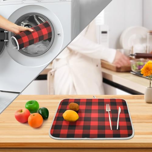 Christmas Red Black Buffalo Plaid Dish Drying Mat for Kitchen Counter Absorbent Microfiber Large Drying Pad Dish Mats for Kitchen Countertops 18 x 24 Inch (24" x 18")