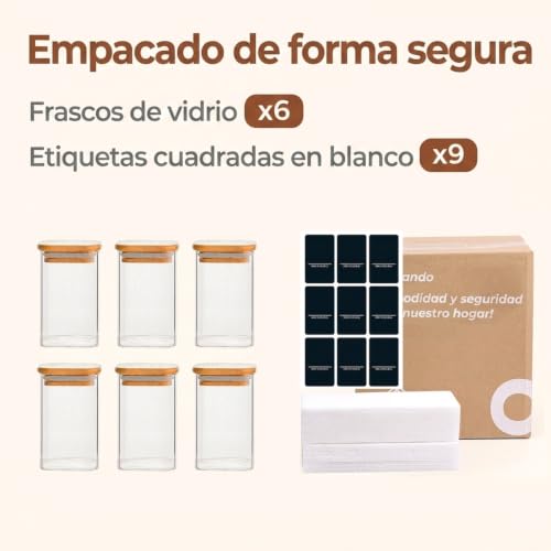 Square Glass Spice Jars with Labels 8 oz 6 Pack with Bamboo Lids (6 Count)