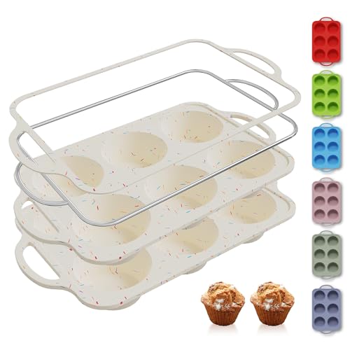 2 Packs 6 Cups Silicone Muffin Pan with Metal Reinforced Frame Jumbo Size Cupcake Pan Tray Egg Bites Silicone Circle Cookie Molds Muffin Tin Tart Pans Large Big Baking Sheet Set for Breakfast (Jumbo / Cream)