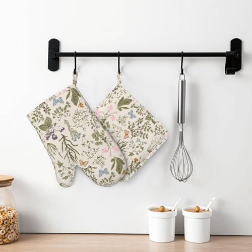 Vintage Wildflower Herbs Floral Rustic Butterfly Oven Mitts and Pot Holders Sets Silicone Kitchen Mitts Potholders Heat Resistant 4Pcs Oven Gloves Hot Pads for Kitchen Baking Cooking (Vintage Wildflower)