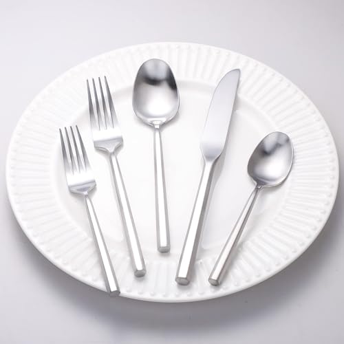 Matte Silverware Set Silver Flatware Set with Hexagon Handle 20 Pieces 18 (Matt silver)