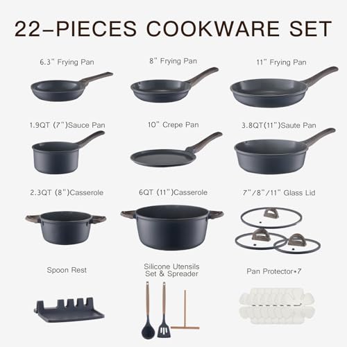 22 Piece Ceramic Cookware Set with Utensils (Gray)