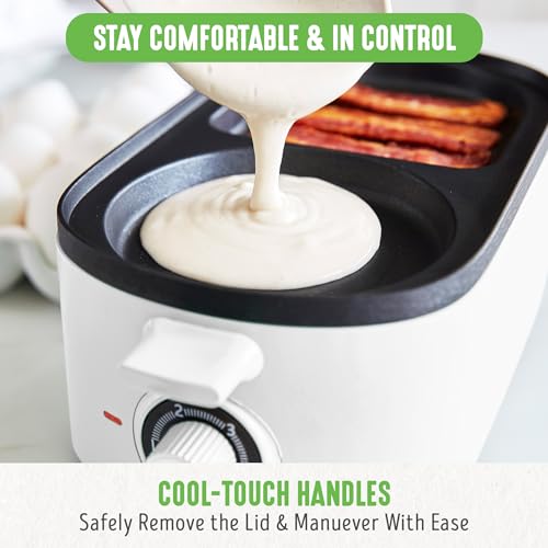 3-in-1 Breakfast Maker Station, Healthy Ceramic Nonstick Dual Griddles for Eggs Meat Sausage Bacon Pancakes and Breakfast Sandwiches, 2 Slice Toast Drawer, Easy-to-use Timer, White (White / 11" Breakfast Maker / Breakfast Maker)